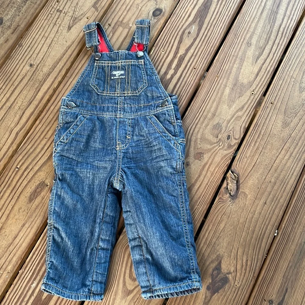 Oshkosh B'gosh Vestbak Denim Bib Overalls Red Fleece Lined 12 months